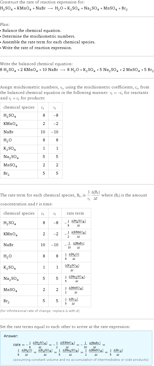 Construct the rate of reaction expression for: H_2SO_4 + KMnO_4 + NaBr ⟶ H_2O + K_2SO_4 + Na_2SO_4 + MnSO_4 + Br_2 Plan: • Balance the chemical equation. • Determine the stoichiometric numbers. • Assemble the rate term for each chemical species. • Write the rate of reaction expression. Write the balanced chemical equation: 8 H_2SO_4 + 2 KMnO_4 + 10 NaBr ⟶ 8 H_2O + K_2SO_4 + 5 Na_2SO_4 + 2 MnSO_4 + 5 Br_2 Assign stoichiometric numbers, ν_i, using the stoichiometric coefficients, c_i, from the balanced chemical equation in the following manner: ν_i = -c_i for reactants and ν_i = c_i for products: chemical species | c_i | ν_i H_2SO_4 | 8 | -8 KMnO_4 | 2 | -2 NaBr | 10 | -10 H_2O | 8 | 8 K_2SO_4 | 1 | 1 Na_2SO_4 | 5 | 5 MnSO_4 | 2 | 2 Br_2 | 5 | 5 The rate term for each chemical species, B_i, is 1/ν_i(Δ[B_i])/(Δt) where [B_i] is the amount concentration and t is time: chemical species | c_i | ν_i | rate term H_2SO_4 | 8 | -8 | -1/8 (Δ[H2SO4])/(Δt) KMnO_4 | 2 | -2 | -1/2 (Δ[KMnO4])/(Δt) NaBr | 10 | -10 | -1/10 (Δ[NaBr])/(Δt) H_2O | 8 | 8 | 1/8 (Δ[H2O])/(Δt) K_2SO_4 | 1 | 1 | (Δ[K2SO4])/(Δt) Na_2SO_4 | 5 | 5 | 1/5 (Δ[Na2SO4])/(Δt) MnSO_4 | 2 | 2 | 1/2 (Δ[MnSO4])/(Δt) Br_2 | 5 | 5 | 1/5 (Δ[Br2])/(Δt) (for infinitesimal rate of change, replace Δ with d) Set the rate terms equal to each other to arrive at the rate expression: Answer: |   | rate = -1/8 (Δ[H2SO4])/(Δt) = -1/2 (Δ[KMnO4])/(Δt) = -1/10 (Δ[NaBr])/(Δt) = 1/8 (Δ[H2O])/(Δt) = (Δ[K2SO4])/(Δt) = 1/5 (Δ[Na2SO4])/(Δt) = 1/2 (Δ[MnSO4])/(Δt) = 1/5 (Δ[Br2])/(Δt) (assuming constant volume and no accumulation of intermediates or side products)