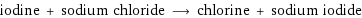 iodine + sodium chloride ⟶ chlorine + sodium iodide