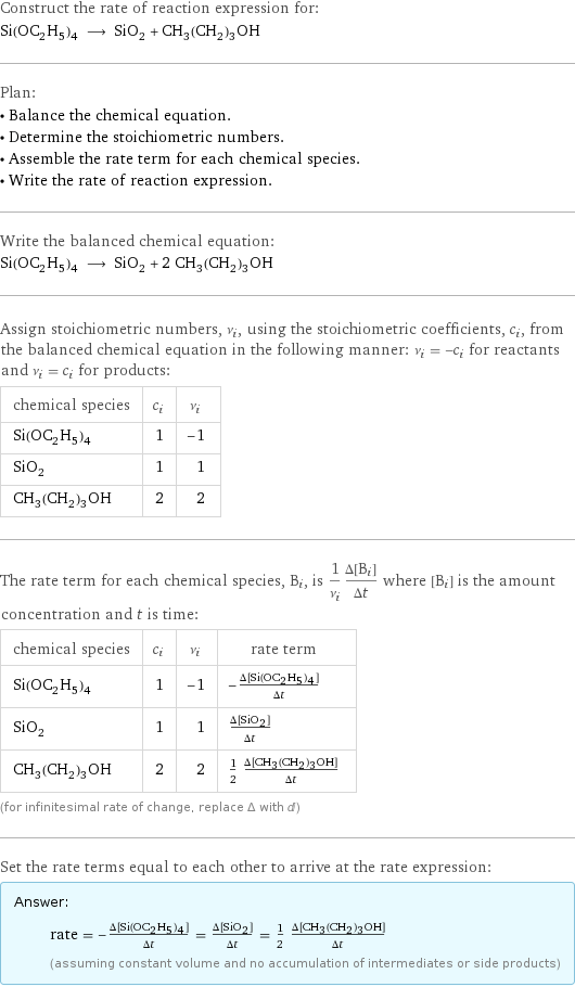 Construct the rate of reaction expression for: Si(OC_2H_5)_4 ⟶ SiO_2 + CH_3(CH_2)_3OH Plan: • Balance the chemical equation. • Determine the stoichiometric numbers. • Assemble the rate term for each chemical species. • Write the rate of reaction expression. Write the balanced chemical equation: Si(OC_2H_5)_4 ⟶ SiO_2 + 2 CH_3(CH_2)_3OH Assign stoichiometric numbers, ν_i, using the stoichiometric coefficients, c_i, from the balanced chemical equation in the following manner: ν_i = -c_i for reactants and ν_i = c_i for products: chemical species | c_i | ν_i Si(OC_2H_5)_4 | 1 | -1 SiO_2 | 1 | 1 CH_3(CH_2)_3OH | 2 | 2 The rate term for each chemical species, B_i, is 1/ν_i(Δ[B_i])/(Δt) where [B_i] is the amount concentration and t is time: chemical species | c_i | ν_i | rate term Si(OC_2H_5)_4 | 1 | -1 | -(Δ[Si(OC2H5)4])/(Δt) SiO_2 | 1 | 1 | (Δ[SiO2])/(Δt) CH_3(CH_2)_3OH | 2 | 2 | 1/2 (Δ[CH3(CH2)3OH])/(Δt) (for infinitesimal rate of change, replace Δ with d) Set the rate terms equal to each other to arrive at the rate expression: Answer: |   | rate = -(Δ[Si(OC2H5)4])/(Δt) = (Δ[SiO2])/(Δt) = 1/2 (Δ[CH3(CH2)3OH])/(Δt) (assuming constant volume and no accumulation of intermediates or side products)