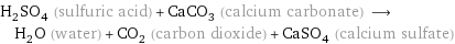 H_2SO_4 (sulfuric acid) + CaCO_3 (calcium carbonate) ⟶ H_2O (water) + CO_2 (carbon dioxide) + CaSO_4 (calcium sulfate)