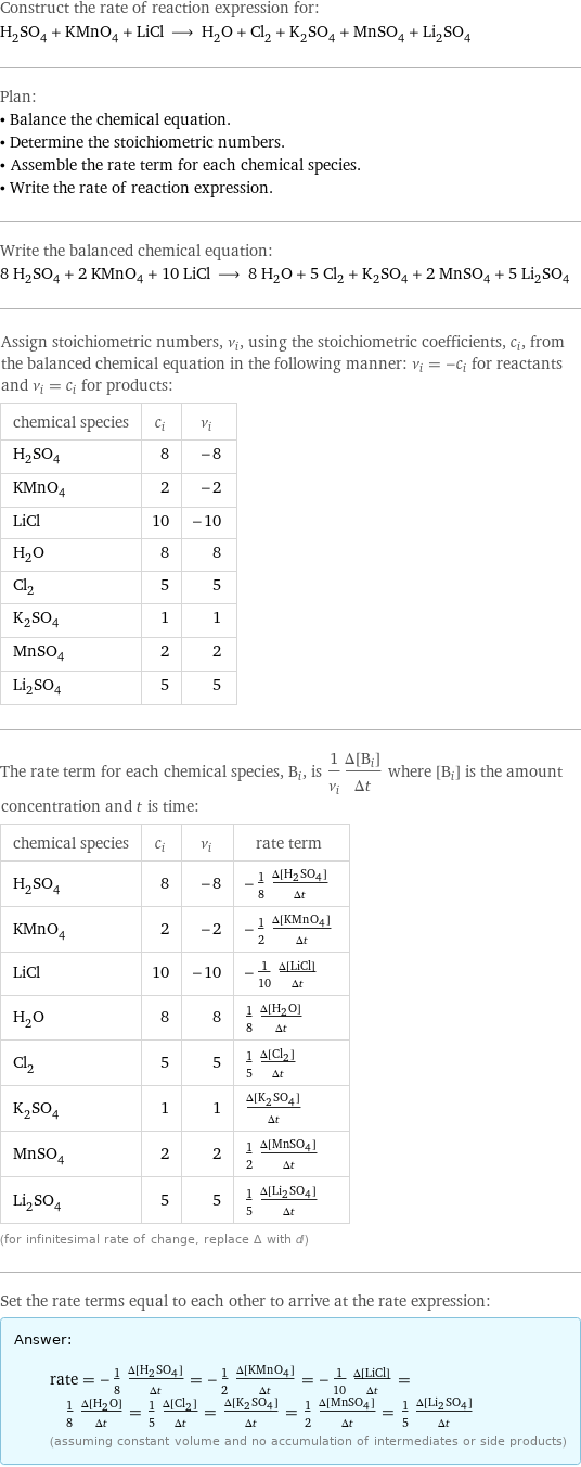 Construct the rate of reaction expression for: H_2SO_4 + KMnO_4 + LiCl ⟶ H_2O + Cl_2 + K_2SO_4 + MnSO_4 + Li_2SO_4 Plan: • Balance the chemical equation. • Determine the stoichiometric numbers. • Assemble the rate term for each chemical species. • Write the rate of reaction expression. Write the balanced chemical equation: 8 H_2SO_4 + 2 KMnO_4 + 10 LiCl ⟶ 8 H_2O + 5 Cl_2 + K_2SO_4 + 2 MnSO_4 + 5 Li_2SO_4 Assign stoichiometric numbers, ν_i, using the stoichiometric coefficients, c_i, from the balanced chemical equation in the following manner: ν_i = -c_i for reactants and ν_i = c_i for products: chemical species | c_i | ν_i H_2SO_4 | 8 | -8 KMnO_4 | 2 | -2 LiCl | 10 | -10 H_2O | 8 | 8 Cl_2 | 5 | 5 K_2SO_4 | 1 | 1 MnSO_4 | 2 | 2 Li_2SO_4 | 5 | 5 The rate term for each chemical species, B_i, is 1/ν_i(Δ[B_i])/(Δt) where [B_i] is the amount concentration and t is time: chemical species | c_i | ν_i | rate term H_2SO_4 | 8 | -8 | -1/8 (Δ[H2SO4])/(Δt) KMnO_4 | 2 | -2 | -1/2 (Δ[KMnO4])/(Δt) LiCl | 10 | -10 | -1/10 (Δ[LiCl])/(Δt) H_2O | 8 | 8 | 1/8 (Δ[H2O])/(Δt) Cl_2 | 5 | 5 | 1/5 (Δ[Cl2])/(Δt) K_2SO_4 | 1 | 1 | (Δ[K2SO4])/(Δt) MnSO_4 | 2 | 2 | 1/2 (Δ[MnSO4])/(Δt) Li_2SO_4 | 5 | 5 | 1/5 (Δ[Li2SO4])/(Δt) (for infinitesimal rate of change, replace Δ with d) Set the rate terms equal to each other to arrive at the rate expression: Answer: |   | rate = -1/8 (Δ[H2SO4])/(Δt) = -1/2 (Δ[KMnO4])/(Δt) = -1/10 (Δ[LiCl])/(Δt) = 1/8 (Δ[H2O])/(Δt) = 1/5 (Δ[Cl2])/(Δt) = (Δ[K2SO4])/(Δt) = 1/2 (Δ[MnSO4])/(Δt) = 1/5 (Δ[Li2SO4])/(Δt) (assuming constant volume and no accumulation of intermediates or side products)