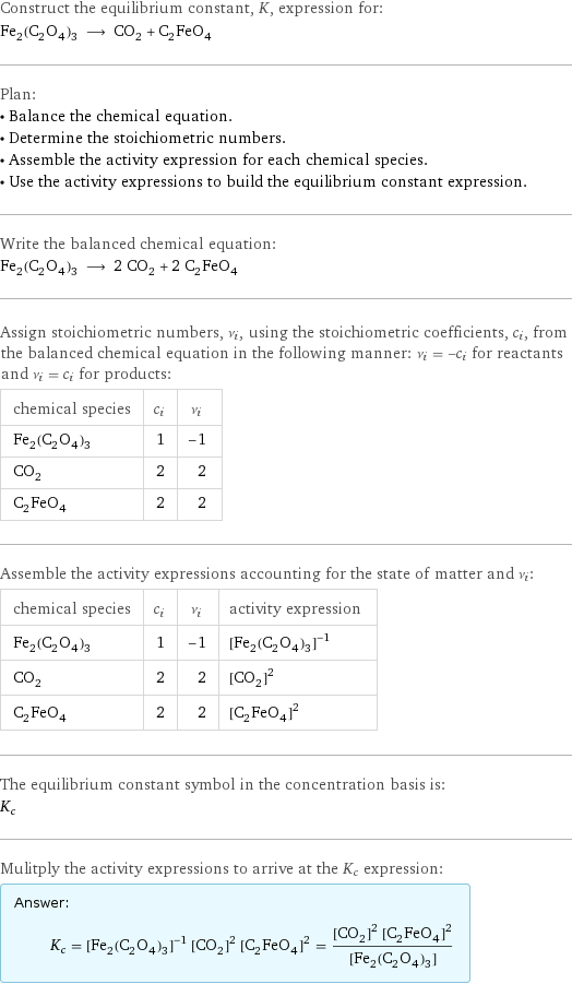 Construct the equilibrium constant, K, expression for: Fe_2(C_2O_4)_3 ⟶ CO_2 + C_2FeO_4 Plan: • Balance the chemical equation. • Determine the stoichiometric numbers. • Assemble the activity expression for each chemical species. • Use the activity expressions to build the equilibrium constant expression. Write the balanced chemical equation: Fe_2(C_2O_4)_3 ⟶ 2 CO_2 + 2 C_2FeO_4 Assign stoichiometric numbers, ν_i, using the stoichiometric coefficients, c_i, from the balanced chemical equation in the following manner: ν_i = -c_i for reactants and ν_i = c_i for products: chemical species | c_i | ν_i Fe_2(C_2O_4)_3 | 1 | -1 CO_2 | 2 | 2 C_2FeO_4 | 2 | 2 Assemble the activity expressions accounting for the state of matter and ν_i: chemical species | c_i | ν_i | activity expression Fe_2(C_2O_4)_3 | 1 | -1 | ([Fe2(C2O4)3])^(-1) CO_2 | 2 | 2 | ([CO2])^2 C_2FeO_4 | 2 | 2 | ([C2FeO4])^2 The equilibrium constant symbol in the concentration basis is: K_c Mulitply the activity expressions to arrive at the K_c expression: Answer: |   | K_c = ([Fe2(C2O4)3])^(-1) ([CO2])^2 ([C2FeO4])^2 = (([CO2])^2 ([C2FeO4])^2)/([Fe2(C2O4)3])