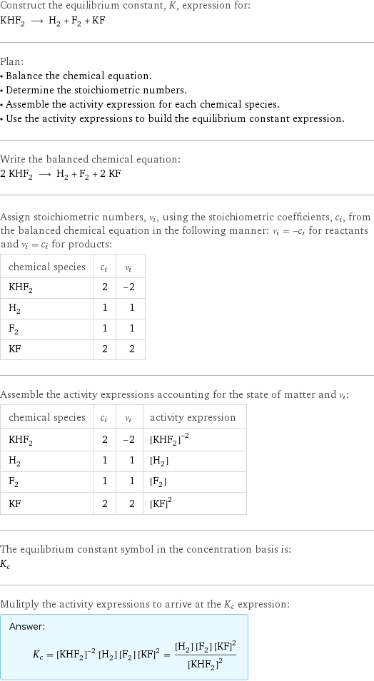 Construct the equilibrium constant, K, expression for: KHF_2 ⟶ H_2 + F_2 + KF Plan: • Balance the chemical equation. • Determine the stoichiometric numbers. • Assemble the activity expression for each chemical species. • Use the activity expressions to build the equilibrium constant expression. Write the balanced chemical equation: 2 KHF_2 ⟶ H_2 + F_2 + 2 KF Assign stoichiometric numbers, ν_i, using the stoichiometric coefficients, c_i, from the balanced chemical equation in the following manner: ν_i = -c_i for reactants and ν_i = c_i for products: chemical species | c_i | ν_i KHF_2 | 2 | -2 H_2 | 1 | 1 F_2 | 1 | 1 KF | 2 | 2 Assemble the activity expressions accounting for the state of matter and ν_i: chemical species | c_i | ν_i | activity expression KHF_2 | 2 | -2 | ([KHF2])^(-2) H_2 | 1 | 1 | [H2] F_2 | 1 | 1 | [F2] KF | 2 | 2 | ([KF])^2 The equilibrium constant symbol in the concentration basis is: K_c Mulitply the activity expressions to arrive at the K_c expression: Answer: |   | K_c = ([KHF2])^(-2) [H2] [F2] ([KF])^2 = ([H2] [F2] ([KF])^2)/([KHF2])^2