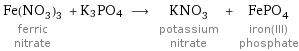 Fe(NO_3)_3 ferric nitrate + K3PO4 ⟶ KNO_3 potassium nitrate + FePO_4 iron(III) phosphate