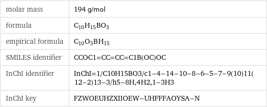 molar mass | 194 g/mol formula | C_10H_15BO_3 empirical formula | C_10O_3B_H_15 SMILES identifier | CCOC1=CC=CC=C1B(OC)OC InChI identifier | InChI=1/C10H15BO3/c1-4-14-10-8-6-5-7-9(10)11(12-2)13-3/h5-8H, 4H2, 1-3H3 InChI key | FZWOEUHZXIIOEW-UHFFFAOYSA-N