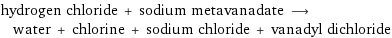 hydrogen chloride + sodium metavanadate ⟶ water + chlorine + sodium chloride + vanadyl dichloride