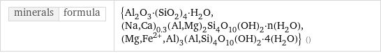 minerals | formula | {Al_2O_3·(SiO_2)_4·H_2O, (Na, Ca)_0.3(Al, Mg)_2Si_4O_10(OH)_2·n(H_2O), (Mg, Fe^(2+), Al)_3(Al, Si)_4O_10(OH)_2·4(H_2O)} ()