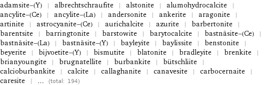 adamsite-(Y) | albrechtschraufite | alstonite | alumohydrocalcite | ancylite-(Ce) | ancylite-(La) | andersonite | ankerite | aragonite | artinite | astrocyanite-(Ce) | aurichalcite | azurite | barbertonite | barentsite | barringtonite | barstowite | barytocalcite | bastnäsite-(Ce) | bastnäsite-(La) | bastnäsite-(Y) | bayleyite | baylissite | benstonite | beyerite | bijvoetite-(Y) | bismutite | blatonite | bradleyite | brenkite | brianyoungite | brugnatellite | burbankite | bütschliite | calcioburbankite | calcite | callaghanite | canavesite | carbocernaite | caresite | ... (total: 194)