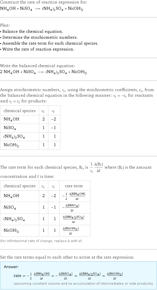 Construct the rate of reaction expression for: NH_4OH + NiSO_4 ⟶ (NH_4)_2SO_4 + Ni(OH)_2 Plan: • Balance the chemical equation. • Determine the stoichiometric numbers. • Assemble the rate term for each chemical species. • Write the rate of reaction expression. Write the balanced chemical equation: 2 NH_4OH + NiSO_4 ⟶ (NH_4)_2SO_4 + Ni(OH)_2 Assign stoichiometric numbers, ν_i, using the stoichiometric coefficients, c_i, from the balanced chemical equation in the following manner: ν_i = -c_i for reactants and ν_i = c_i for products: chemical species | c_i | ν_i NH_4OH | 2 | -2 NiSO_4 | 1 | -1 (NH_4)_2SO_4 | 1 | 1 Ni(OH)_2 | 1 | 1 The rate term for each chemical species, B_i, is 1/ν_i(Δ[B_i])/(Δt) where [B_i] is the amount concentration and t is time: chemical species | c_i | ν_i | rate term NH_4OH | 2 | -2 | -1/2 (Δ[NH4OH])/(Δt) NiSO_4 | 1 | -1 | -(Δ[NiSO4])/(Δt) (NH_4)_2SO_4 | 1 | 1 | (Δ[(NH4)2SO4])/(Δt) Ni(OH)_2 | 1 | 1 | (Δ[Ni(OH)2])/(Δt) (for infinitesimal rate of change, replace Δ with d) Set the rate terms equal to each other to arrive at the rate expression: Answer: |   | rate = -1/2 (Δ[NH4OH])/(Δt) = -(Δ[NiSO4])/(Δt) = (Δ[(NH4)2SO4])/(Δt) = (Δ[Ni(OH)2])/(Δt) (assuming constant volume and no accumulation of intermediates or side products)