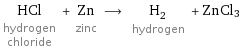 HCl hydrogen chloride + Zn zinc ⟶ H_2 hydrogen + ZnCl3