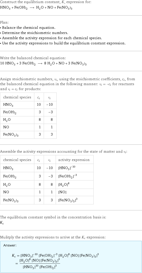 Construct the equilibrium constant, K, expression for: HNO_3 + Fe(OH)_2 ⟶ H_2O + NO + Fe(NO_3)_3 Plan: • Balance the chemical equation. • Determine the stoichiometric numbers. • Assemble the activity expression for each chemical species. • Use the activity expressions to build the equilibrium constant expression. Write the balanced chemical equation: 10 HNO_3 + 3 Fe(OH)_2 ⟶ 8 H_2O + NO + 3 Fe(NO_3)_3 Assign stoichiometric numbers, ν_i, using the stoichiometric coefficients, c_i, from the balanced chemical equation in the following manner: ν_i = -c_i for reactants and ν_i = c_i for products: chemical species | c_i | ν_i HNO_3 | 10 | -10 Fe(OH)_2 | 3 | -3 H_2O | 8 | 8 NO | 1 | 1 Fe(NO_3)_3 | 3 | 3 Assemble the activity expressions accounting for the state of matter and ν_i: chemical species | c_i | ν_i | activity expression HNO_3 | 10 | -10 | ([HNO3])^(-10) Fe(OH)_2 | 3 | -3 | ([Fe(OH)2])^(-3) H_2O | 8 | 8 | ([H2O])^8 NO | 1 | 1 | [NO] Fe(NO_3)_3 | 3 | 3 | ([Fe(NO3)3])^3 The equilibrium constant symbol in the concentration basis is: K_c Mulitply the activity expressions to arrive at the K_c expression: Answer: |   | K_c = ([HNO3])^(-10) ([Fe(OH)2])^(-3) ([H2O])^8 [NO] ([Fe(NO3)3])^3 = (([H2O])^8 [NO] ([Fe(NO3)3])^3)/(([HNO3])^10 ([Fe(OH)2])^3)