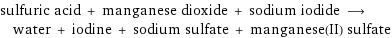 sulfuric acid + manganese dioxide + sodium iodide ⟶ water + iodine + sodium sulfate + manganese(II) sulfate