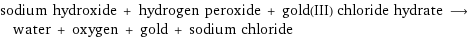 sodium hydroxide + hydrogen peroxide + gold(III) chloride hydrate ⟶ water + oxygen + gold + sodium chloride