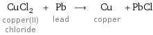 CuCl_2 copper(II) chloride + Pb lead ⟶ Cu copper + PbCl