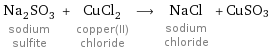 Na_2SO_3 sodium sulfite + CuCl_2 copper(II) chloride ⟶ NaCl sodium chloride + CuSO3