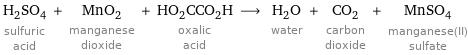 H_2SO_4 sulfuric acid + MnO_2 manganese dioxide + HO_2CCO_2H oxalic acid ⟶ H_2O water + CO_2 carbon dioxide + MnSO_4 manganese(II) sulfate