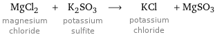 MgCl_2 magnesium chloride + K_2SO_3 potassium sulfite ⟶ KCl potassium chloride + MgSO3