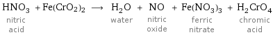 HNO_3 nitric acid + Fe(CrO2)2 ⟶ H_2O water + NO nitric oxide + Fe(NO_3)_3 ferric nitrate + H_2CrO_4 chromic acid