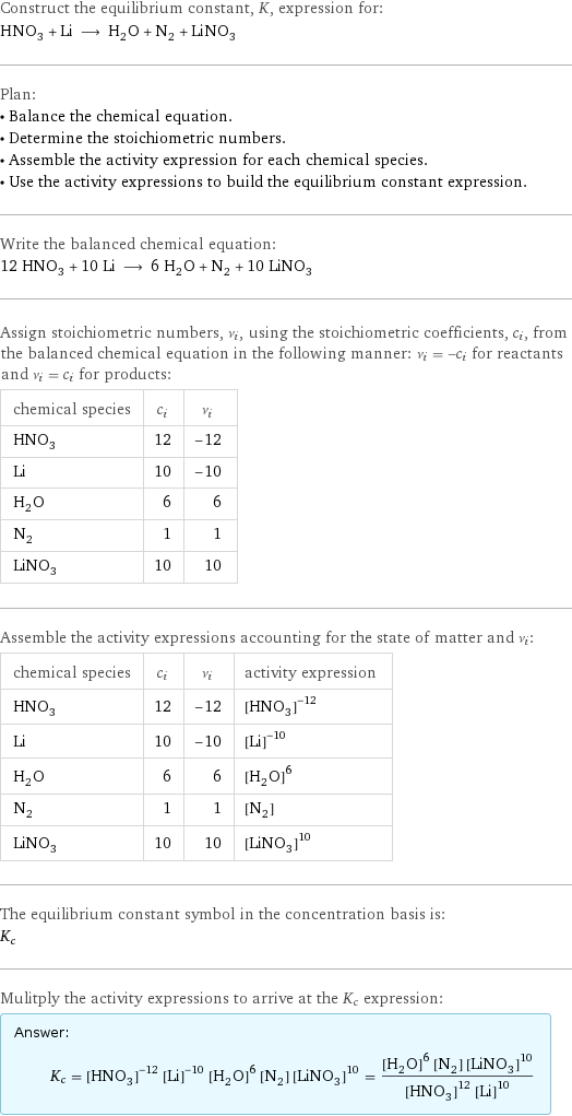 Construct the equilibrium constant, K, expression for: HNO_3 + Li ⟶ H_2O + N_2 + LiNO_3 Plan: • Balance the chemical equation. • Determine the stoichiometric numbers. • Assemble the activity expression for each chemical species. • Use the activity expressions to build the equilibrium constant expression. Write the balanced chemical equation: 12 HNO_3 + 10 Li ⟶ 6 H_2O + N_2 + 10 LiNO_3 Assign stoichiometric numbers, ν_i, using the stoichiometric coefficients, c_i, from the balanced chemical equation in the following manner: ν_i = -c_i for reactants and ν_i = c_i for products: chemical species | c_i | ν_i HNO_3 | 12 | -12 Li | 10 | -10 H_2O | 6 | 6 N_2 | 1 | 1 LiNO_3 | 10 | 10 Assemble the activity expressions accounting for the state of matter and ν_i: chemical species | c_i | ν_i | activity expression HNO_3 | 12 | -12 | ([HNO3])^(-12) Li | 10 | -10 | ([Li])^(-10) H_2O | 6 | 6 | ([H2O])^6 N_2 | 1 | 1 | [N2] LiNO_3 | 10 | 10 | ([LiNO3])^10 The equilibrium constant symbol in the concentration basis is: K_c Mulitply the activity expressions to arrive at the K_c expression: Answer: |   | K_c = ([HNO3])^(-12) ([Li])^(-10) ([H2O])^6 [N2] ([LiNO3])^10 = (([H2O])^6 [N2] ([LiNO3])^10)/(([HNO3])^12 ([Li])^10)