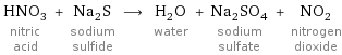 HNO_3 nitric acid + Na_2S sodium sulfide ⟶ H_2O water + Na_2SO_4 sodium sulfate + NO_2 nitrogen dioxide