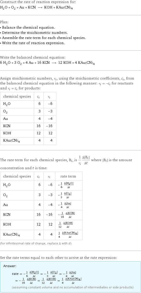 Construct the rate of reaction expression for: H_2O + O_2 + Au + KCN ⟶ KOH + KAu(CN)4 Plan: • Balance the chemical equation. • Determine the stoichiometric numbers. • Assemble the rate term for each chemical species. • Write the rate of reaction expression. Write the balanced chemical equation: 6 H_2O + 3 O_2 + 4 Au + 16 KCN ⟶ 12 KOH + 4 KAu(CN)4 Assign stoichiometric numbers, ν_i, using the stoichiometric coefficients, c_i, from the balanced chemical equation in the following manner: ν_i = -c_i for reactants and ν_i = c_i for products: chemical species | c_i | ν_i H_2O | 6 | -6 O_2 | 3 | -3 Au | 4 | -4 KCN | 16 | -16 KOH | 12 | 12 KAu(CN)4 | 4 | 4 The rate term for each chemical species, B_i, is 1/ν_i(Δ[B_i])/(Δt) where [B_i] is the amount concentration and t is time: chemical species | c_i | ν_i | rate term H_2O | 6 | -6 | -1/6 (Δ[H2O])/(Δt) O_2 | 3 | -3 | -1/3 (Δ[O2])/(Δt) Au | 4 | -4 | -1/4 (Δ[Au])/(Δt) KCN | 16 | -16 | -1/16 (Δ[KCN])/(Δt) KOH | 12 | 12 | 1/12 (Δ[KOH])/(Δt) KAu(CN)4 | 4 | 4 | 1/4 (Δ[KAu(CN)4])/(Δt) (for infinitesimal rate of change, replace Δ with d) Set the rate terms equal to each other to arrive at the rate expression: Answer: |   | rate = -1/6 (Δ[H2O])/(Δt) = -1/3 (Δ[O2])/(Δt) = -1/4 (Δ[Au])/(Δt) = -1/16 (Δ[KCN])/(Δt) = 1/12 (Δ[KOH])/(Δt) = 1/4 (Δ[KAu(CN)4])/(Δt) (assuming constant volume and no accumulation of intermediates or side products)