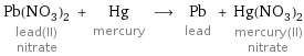 Pb(NO_3)_2 lead(II) nitrate + Hg mercury ⟶ Pb lead + Hg(NO_3)_2 mercury(II) nitrate