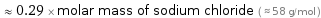  ≈ 0.29 × molar mass of sodium chloride ( ≈ 58 g/mol )