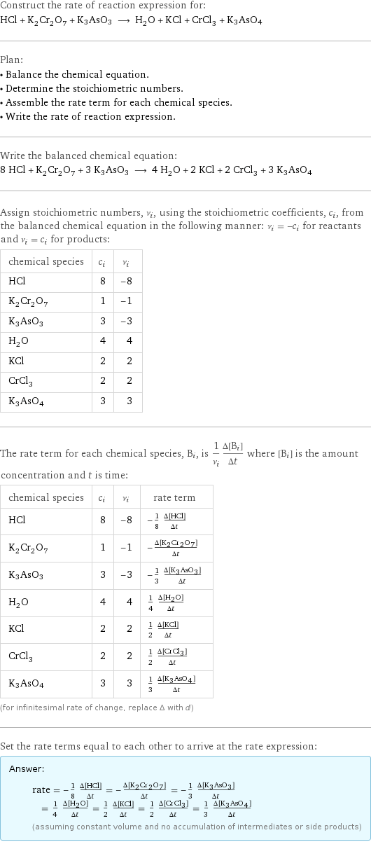 Construct the rate of reaction expression for: HCl + K_2Cr_2O_7 + K3AsO3 ⟶ H_2O + KCl + CrCl_3 + K3AsO4 Plan: • Balance the chemical equation. • Determine the stoichiometric numbers. • Assemble the rate term for each chemical species. • Write the rate of reaction expression. Write the balanced chemical equation: 8 HCl + K_2Cr_2O_7 + 3 K3AsO3 ⟶ 4 H_2O + 2 KCl + 2 CrCl_3 + 3 K3AsO4 Assign stoichiometric numbers, ν_i, using the stoichiometric coefficients, c_i, from the balanced chemical equation in the following manner: ν_i = -c_i for reactants and ν_i = c_i for products: chemical species | c_i | ν_i HCl | 8 | -8 K_2Cr_2O_7 | 1 | -1 K3AsO3 | 3 | -3 H_2O | 4 | 4 KCl | 2 | 2 CrCl_3 | 2 | 2 K3AsO4 | 3 | 3 The rate term for each chemical species, B_i, is 1/ν_i(Δ[B_i])/(Δt) where [B_i] is the amount concentration and t is time: chemical species | c_i | ν_i | rate term HCl | 8 | -8 | -1/8 (Δ[HCl])/(Δt) K_2Cr_2O_7 | 1 | -1 | -(Δ[K2Cr2O7])/(Δt) K3AsO3 | 3 | -3 | -1/3 (Δ[K3AsO3])/(Δt) H_2O | 4 | 4 | 1/4 (Δ[H2O])/(Δt) KCl | 2 | 2 | 1/2 (Δ[KCl])/(Δt) CrCl_3 | 2 | 2 | 1/2 (Δ[CrCl3])/(Δt) K3AsO4 | 3 | 3 | 1/3 (Δ[K3AsO4])/(Δt) (for infinitesimal rate of change, replace Δ with d) Set the rate terms equal to each other to arrive at the rate expression: Answer: |   | rate = -1/8 (Δ[HCl])/(Δt) = -(Δ[K2Cr2O7])/(Δt) = -1/3 (Δ[K3AsO3])/(Δt) = 1/4 (Δ[H2O])/(Δt) = 1/2 (Δ[KCl])/(Δt) = 1/2 (Δ[CrCl3])/(Δt) = 1/3 (Δ[K3AsO4])/(Δt) (assuming constant volume and no accumulation of intermediates or side products)