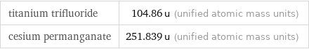 titanium trifluoride | 104.86 u (unified atomic mass units) cesium permanganate | 251.839 u (unified atomic mass units)