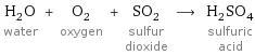 H_2O water + O_2 oxygen + SO_2 sulfur dioxide ⟶ H_2SO_4 sulfuric acid