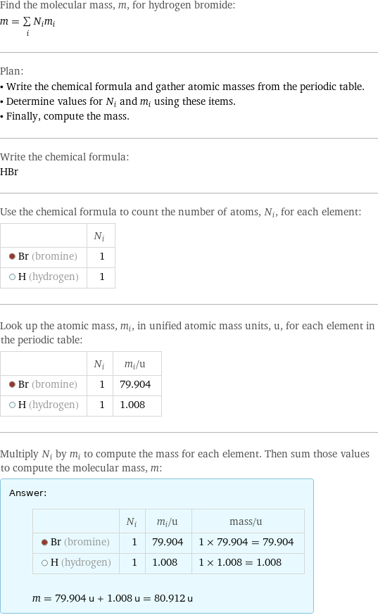 Find the molecular mass, m, for hydrogen bromide: m = sum _iN_im_i Plan: • Write the chemical formula and gather atomic masses from the periodic table. • Determine values for N_i and m_i using these items. • Finally, compute the mass. Write the chemical formula: HBr Use the chemical formula to count the number of atoms, N_i, for each element:  | N_i  Br (bromine) | 1  H (hydrogen) | 1 Look up the atomic mass, m_i, in unified atomic mass units, u, for each element in the periodic table:  | N_i | m_i/u  Br (bromine) | 1 | 79.904  H (hydrogen) | 1 | 1.008 Multiply N_i by m_i to compute the mass for each element. Then sum those values to compute the molecular mass, m: Answer: |   | | N_i | m_i/u | mass/u  Br (bromine) | 1 | 79.904 | 1 × 79.904 = 79.904  H (hydrogen) | 1 | 1.008 | 1 × 1.008 = 1.008  m = 79.904 u + 1.008 u = 80.912 u