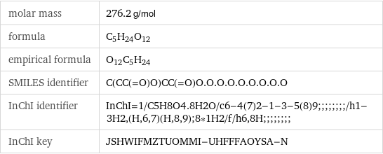 molar mass | 276.2 g/mol formula | C_5H_24O_12 empirical formula | O_12C_5H_24 SMILES identifier | C(CC(=O)O)CC(=O)O.O.O.O.O.O.O.O.O InChI identifier | InChI=1/C5H8O4.8H2O/c6-4(7)2-1-3-5(8)9;;;;;;;;/h1-3H2, (H, 6, 7)(H, 8, 9);8*1H2/f/h6, 8H;;;;;;;; InChI key | JSHWIFMZTUOMMI-UHFFFAOYSA-N