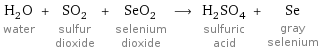 H_2O water + SO_2 sulfur dioxide + SeO_2 selenium dioxide ⟶ H_2SO_4 sulfuric acid + Se gray selenium