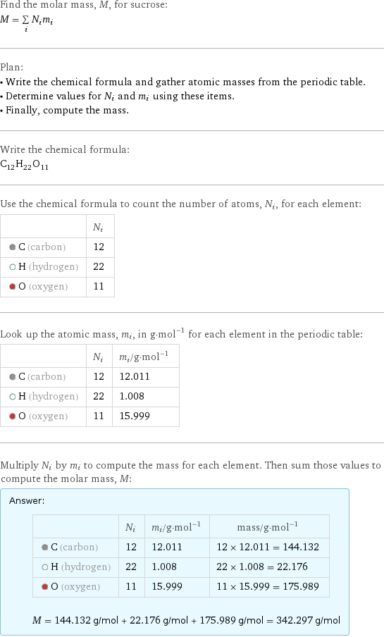 Find the molar mass, M, for sucrose: M = sum _iN_im_i Plan: • Write the chemical formula and gather atomic masses from the periodic table. • Determine values for N_i and m_i using these items. • Finally, compute the mass. Write the chemical formula: C_12H_22O_11 Use the chemical formula to count the number of atoms, N_i, for each element:  | N_i  C (carbon) | 12  H (hydrogen) | 22  O (oxygen) | 11 Look up the atomic mass, m_i, in g·mol^(-1) for each element in the periodic table:  | N_i | m_i/g·mol^(-1)  C (carbon) | 12 | 12.011  H (hydrogen) | 22 | 1.008  O (oxygen) | 11 | 15.999 Multiply N_i by m_i to compute the mass for each element. Then sum those values to compute the molar mass, M: Answer: |   | | N_i | m_i/g·mol^(-1) | mass/g·mol^(-1)  C (carbon) | 12 | 12.011 | 12 × 12.011 = 144.132  H (hydrogen) | 22 | 1.008 | 22 × 1.008 = 22.176  O (oxygen) | 11 | 15.999 | 11 × 15.999 = 175.989  M = 144.132 g/mol + 22.176 g/mol + 175.989 g/mol = 342.297 g/mol