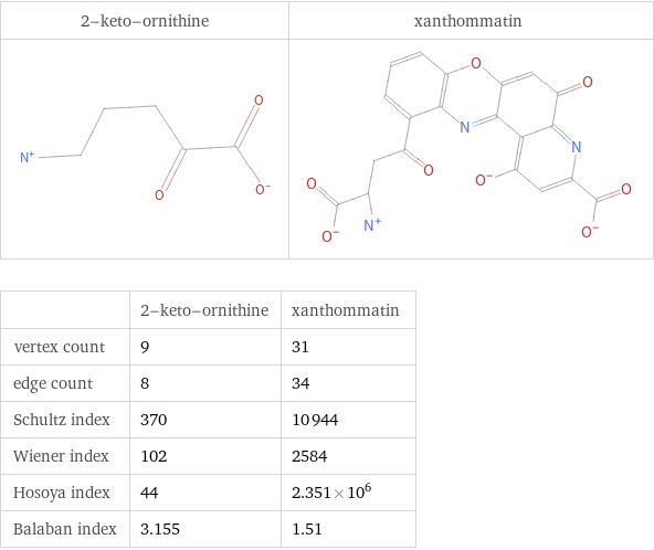   | 2-keto-ornithine | xanthommatin vertex count | 9 | 31 edge count | 8 | 34 Schultz index | 370 | 10944 Wiener index | 102 | 2584 Hosoya index | 44 | 2.351×10^6 Balaban index | 3.155 | 1.51