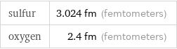 sulfur | 3.024 fm (femtometers) oxygen | 2.4 fm (femtometers)