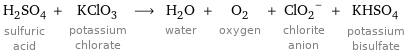 H_2SO_4 sulfuric acid + KClO_3 potassium chlorate ⟶ H_2O water + O_2 oxygen + (ClO_2)^- chlorite anion + KHSO_4 potassium bisulfate