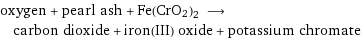 oxygen + pearl ash + Fe(CrO2)2 ⟶ carbon dioxide + iron(III) oxide + potassium chromate