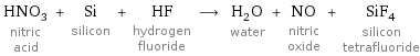 HNO_3 nitric acid + Si silicon + HF hydrogen fluoride ⟶ H_2O water + NO nitric oxide + SiF_4 silicon tetrafluoride