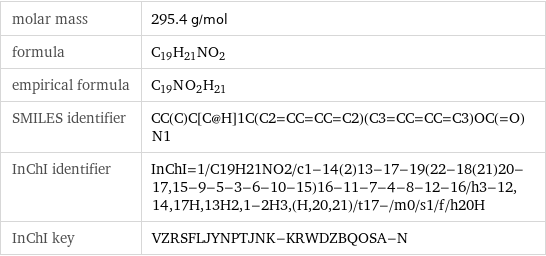 molar mass | 295.4 g/mol formula | C_19H_21NO_2 empirical formula | C_19N_O_2H_21 SMILES identifier | CC(C)C[C@H]1C(C2=CC=CC=C2)(C3=CC=CC=C3)OC(=O)N1 InChI identifier | InChI=1/C19H21NO2/c1-14(2)13-17-19(22-18(21)20-17, 15-9-5-3-6-10-15)16-11-7-4-8-12-16/h3-12, 14, 17H, 13H2, 1-2H3, (H, 20, 21)/t17-/m0/s1/f/h20H InChI key | VZRSFLJYNPTJNK-KRWDZBQOSA-N