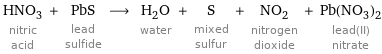 HNO_3 nitric acid + PbS lead sulfide ⟶ H_2O water + S mixed sulfur + NO_2 nitrogen dioxide + Pb(NO_3)_2 lead(II) nitrate