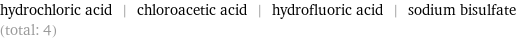 hydrochloric acid | chloroacetic acid | hydrofluoric acid | sodium bisulfate (total: 4)