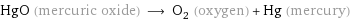 HgO (mercuric oxide) ⟶ O_2 (oxygen) + Hg (mercury)