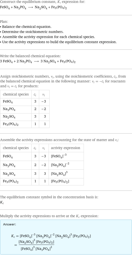 Construct the equilibrium constant, K, expression for: FeSO_4 + Na_3PO_4 ⟶ Na_2SO_4 + Fe3(PO4)2 Plan: • Balance the chemical equation. • Determine the stoichiometric numbers. • Assemble the activity expression for each chemical species. • Use the activity expressions to build the equilibrium constant expression. Write the balanced chemical equation: 3 FeSO_4 + 2 Na_3PO_4 ⟶ 3 Na_2SO_4 + Fe3(PO4)2 Assign stoichiometric numbers, ν_i, using the stoichiometric coefficients, c_i, from the balanced chemical equation in the following manner: ν_i = -c_i for reactants and ν_i = c_i for products: chemical species | c_i | ν_i FeSO_4 | 3 | -3 Na_3PO_4 | 2 | -2 Na_2SO_4 | 3 | 3 Fe3(PO4)2 | 1 | 1 Assemble the activity expressions accounting for the state of matter and ν_i: chemical species | c_i | ν_i | activity expression FeSO_4 | 3 | -3 | ([FeSO4])^(-3) Na_3PO_4 | 2 | -2 | ([Na3PO4])^(-2) Na_2SO_4 | 3 | 3 | ([Na2SO4])^3 Fe3(PO4)2 | 1 | 1 | [Fe3(PO4)2] The equilibrium constant symbol in the concentration basis is: K_c Mulitply the activity expressions to arrive at the K_c expression: Answer: |   | K_c = ([FeSO4])^(-3) ([Na3PO4])^(-2) ([Na2SO4])^3 [Fe3(PO4)2] = (([Na2SO4])^3 [Fe3(PO4)2])/(([FeSO4])^3 ([Na3PO4])^2)