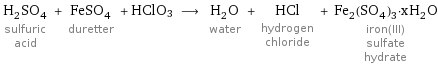 H_2SO_4 sulfuric acid + FeSO_4 duretter + HClO3 ⟶ H_2O water + HCl hydrogen chloride + Fe_2(SO_4)_3·xH_2O iron(III) sulfate hydrate