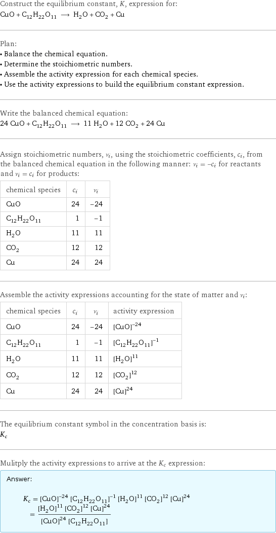 Construct the equilibrium constant, K, expression for: CuO + C_12H_22O_11 ⟶ H_2O + CO_2 + Cu Plan: • Balance the chemical equation. • Determine the stoichiometric numbers. • Assemble the activity expression for each chemical species. • Use the activity expressions to build the equilibrium constant expression. Write the balanced chemical equation: 24 CuO + C_12H_22O_11 ⟶ 11 H_2O + 12 CO_2 + 24 Cu Assign stoichiometric numbers, ν_i, using the stoichiometric coefficients, c_i, from the balanced chemical equation in the following manner: ν_i = -c_i for reactants and ν_i = c_i for products: chemical species | c_i | ν_i CuO | 24 | -24 C_12H_22O_11 | 1 | -1 H_2O | 11 | 11 CO_2 | 12 | 12 Cu | 24 | 24 Assemble the activity expressions accounting for the state of matter and ν_i: chemical species | c_i | ν_i | activity expression CuO | 24 | -24 | ([CuO])^(-24) C_12H_22O_11 | 1 | -1 | ([C12H22O11])^(-1) H_2O | 11 | 11 | ([H2O])^11 CO_2 | 12 | 12 | ([CO2])^12 Cu | 24 | 24 | ([Cu])^24 The equilibrium constant symbol in the concentration basis is: K_c Mulitply the activity expressions to arrive at the K_c expression: Answer: |   | K_c = ([CuO])^(-24) ([C12H22O11])^(-1) ([H2O])^11 ([CO2])^12 ([Cu])^24 = (([H2O])^11 ([CO2])^12 ([Cu])^24)/(([CuO])^24 [C12H22O11])