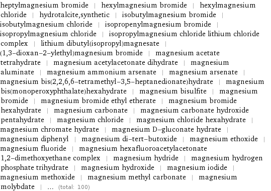 heptylmagnesium bromide | hexylmagnesium bromide | hexylmagnesium chloride | hydrotalcite, synthetic | isobutylmagnesium bromide | isobutylmagnesium chloride | isopropenylmagnesium bromide | isopropylmagnesium chloride | isopropylmagnesium chloride lithium chloride complex | lithium dibutyl(isopropyl)magnesate | (1, 3-dioxan-2-ylethyl)magnesium bromide | magnesium acetate tetrahydrate | magnesium acetylacetonate dihydrate | magnesium aluminate | magnesium ammonium arsenate | magnesium arsenate | magnesium bis(2, 2, 6, 6-tetramethyl-3, 5-heptanedionate)hydrate | magnesium bis(monoperoxyphthalate)hexahydrate | magnesium bisulfite | magnesium bromide | magnesium bromide ethyl etherate | magnesium bromide hexahydrate | magnesium carbonate | magnesium carbonate hydroxide pentahydrate | magnesium chloride | magnesium chloride hexahydrate | magnesium chromate hydrate | magnesium D-gluconate hydrate | magnesium diphenyl | magnesium di-tert-butoxide | magnesium ethoxide | magnesium fluoride | magnesium hexafluoroacetylacetonate 1, 2-dimethoxyethane complex | magnesium hydride | magnesium hydrogen phosphate trihydrate | magnesium hydroxide | magnesium iodide | magnesium methoxide | magnesium methyl carbonate | magnesium molybdate | ... (total: 100)