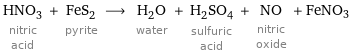 HNO_3 nitric acid + FeS_2 pyrite ⟶ H_2O water + H_2SO_4 sulfuric acid + NO nitric oxide + FeNO3