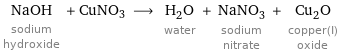 NaOH sodium hydroxide + CuNO3 ⟶ H_2O water + NaNO_3 sodium nitrate + Cu_2O copper(I) oxide