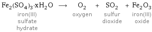 Fe_2(SO_4)_3·xH_2O iron(III) sulfate hydrate ⟶ O_2 oxygen + SO_2 sulfur dioxide + Fe_2O_3 iron(III) oxide